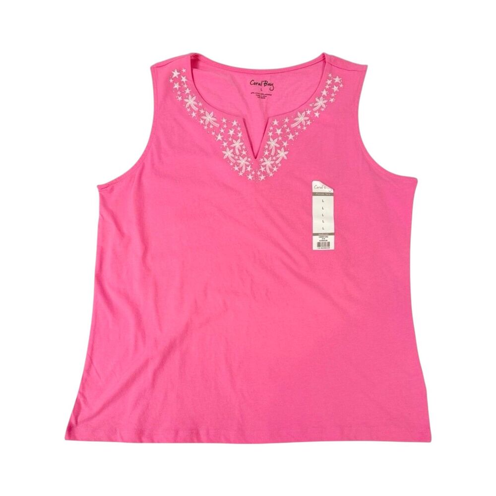 Coral Bay Tank Pink Palm Tree Star Rhinestone Embroidered Sleeveless Women Large